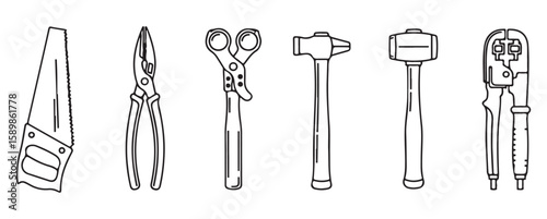 Hand tools collection with saw pliers hammers and crimper