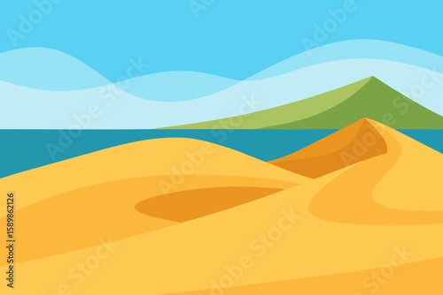 Stylized desert landscape with sand dunes meeting the ocean and green hills