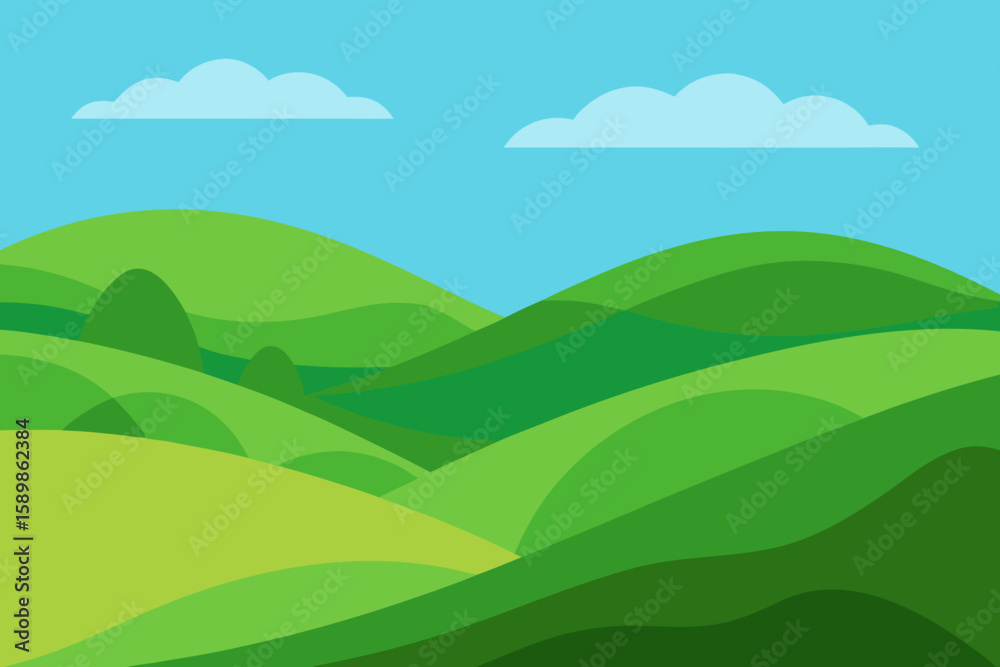 Fototapeta premium Stylized green rolling hills under a clear blue sky with fluffy clouds