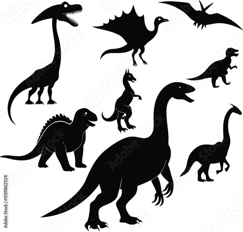 Silhouetted dinosaurs of various types in black and white for educational or creative projects