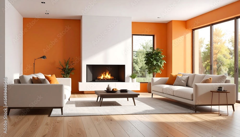 Fototapeta premium Modern living room with orange and white walls