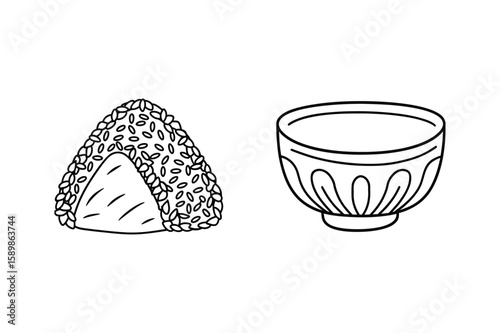 Onigiri rice ball and decorative bowl sesame seeds