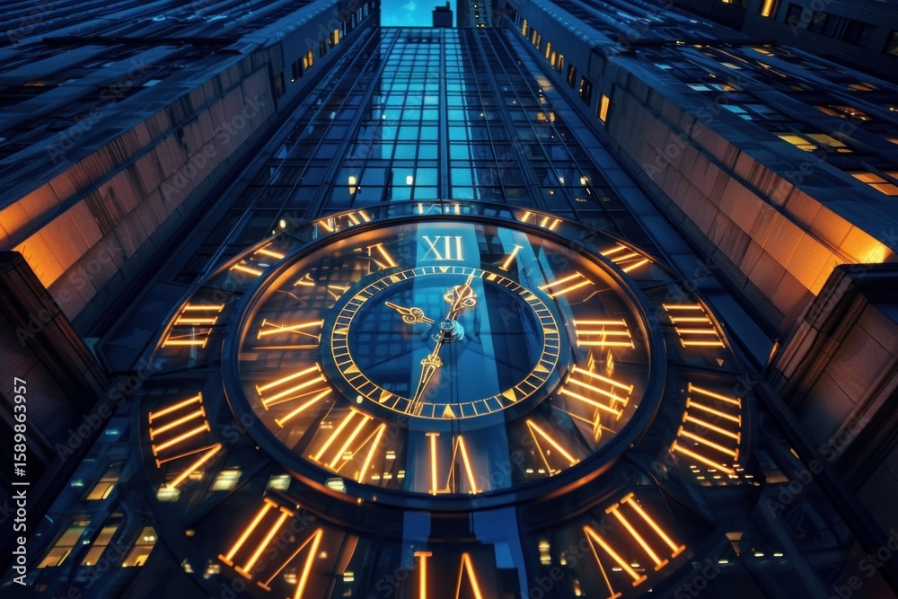 Obraz premium Perspective view of a majestic clock adorning a skyscraper at dusk, symbolizing time management and urban life
