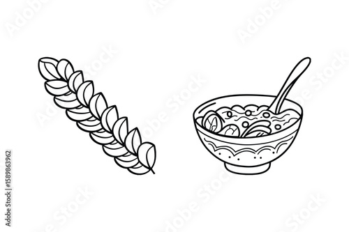 Leafy sprig and bowl of soup with spoon black and white