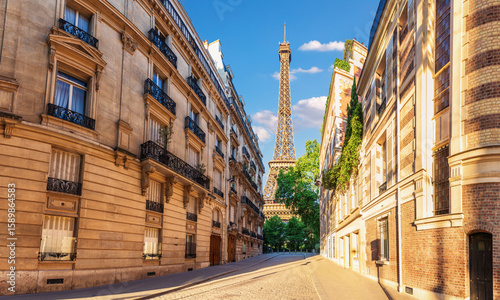 Fototapeta Naklejka Na Ścianę i Meble -  Eiffel Tower, famous landmark of Paris, view from a typical street of France