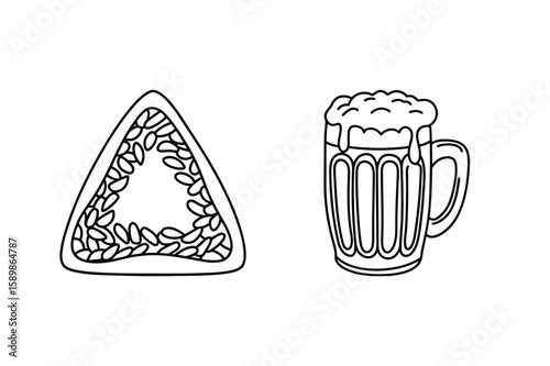 Triangular fruit slice and foamy beer mug citrus seeds