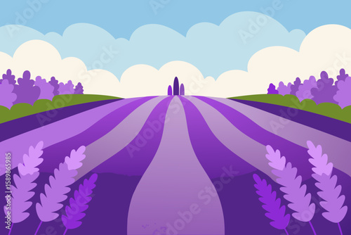 Vibrant purple lavender field under a cloudy blue sky with distant trees