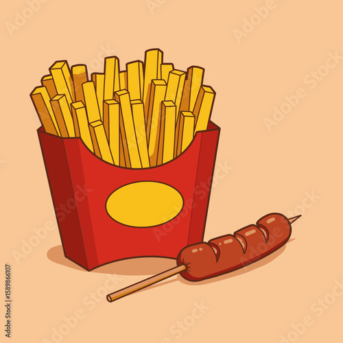 Illustration of french fries in a red container with a sausage on a stick.