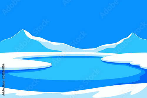 Stylized arctic landscape with snow capped mountains and frozen lake