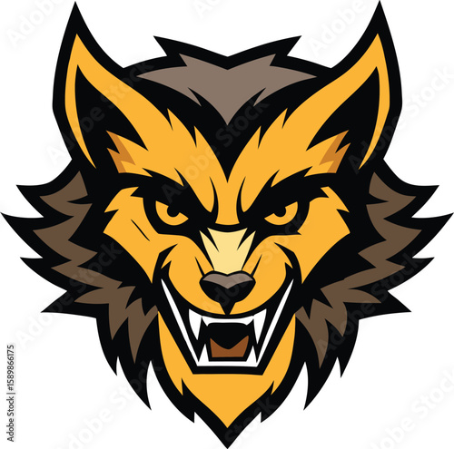 Aggressive wolverine head mascot with wild fur and detailed features