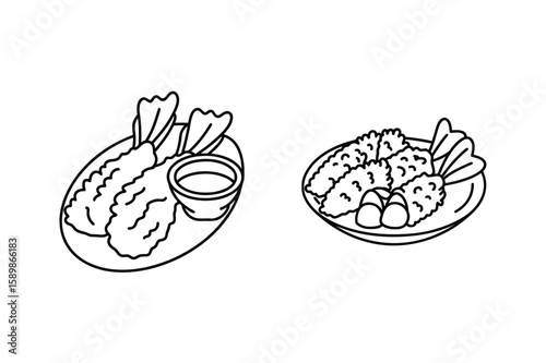 Crispy shrimp tempura with dipping sauce and garnishes