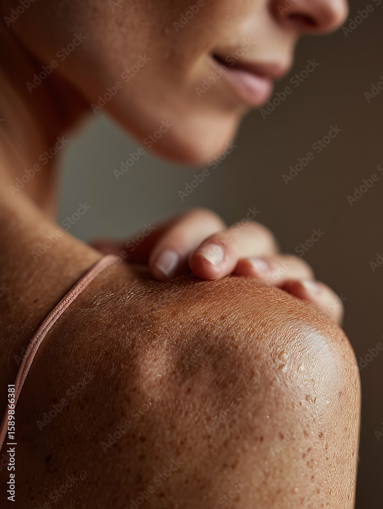Naklejka premium Close-up image of a woman's shoulder highlighting natural skin texture and freckles, emphasizing skincare and beauty concepts.