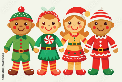 Four Gingerbread Elf Characters Christmas Holiday Festive Red Green Brown White Illustration vector