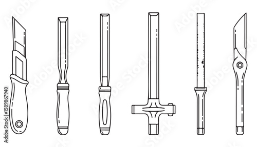 Various woodworking and cutting tools chisel utility knife