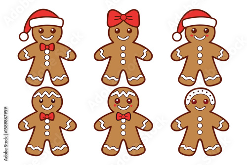 Six Brown Gingerbread People Christmas Cookies Red Bows Santa Hats White Background gingerbread man gingerbread woman