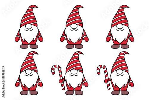 Six Christmas Gnomes Character Set Red White Striped Hats Candy Cane gnome characters christmas characters
