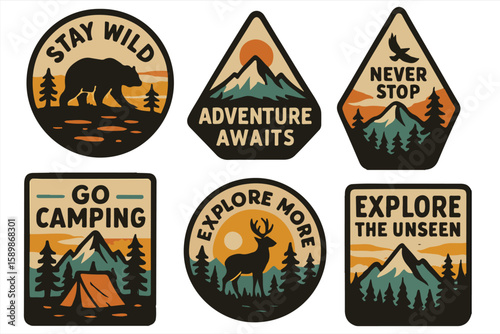 Vintage Outdoor Camping Badge Set – Wildlife, Adventure, and Exploration Quote for Stickers, Patches & Adventure Designs