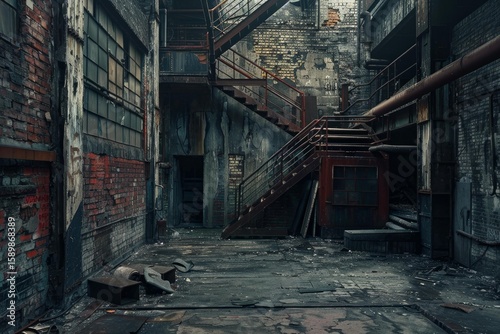 Derelict industrial interior showing decay, rusty staircases, and scattered debris, evoking a sense of abandonment and urban exploration