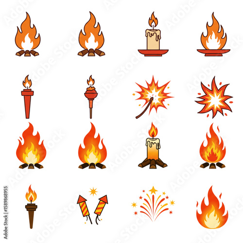 Bright fire and light icons feature flames, bonfires, candles, torches, fireworks, and sparks for warmth, celebrations, and design elements.