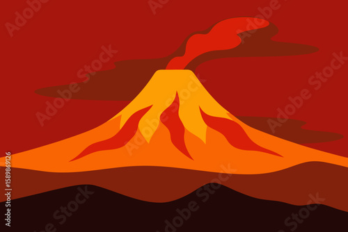 Stylized illustration of a volcano erupting with lava and smoke against a red sky