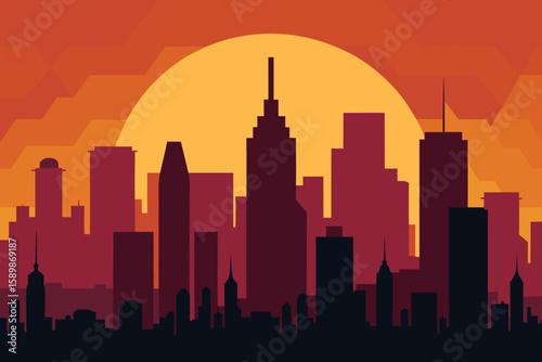Flat design cityscape silhouette at sunset with large orange sun