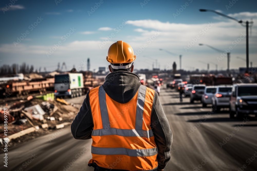 Obraz premium Construction worker wearing high visibility clothing supervising road works and traffic jam