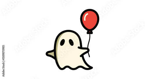 A friendly cartoon ghost happily holds a red balloon.