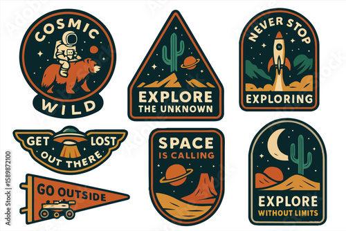 Retro Space and Adventure Badge Set, Cosmic Exploration Quotes and Outdoor-Themed Illustrations for Stickers, Patches & T-Shirts

