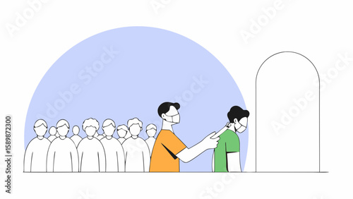 Social distancing queue with masks and temperature check illustration for health and safety campaign