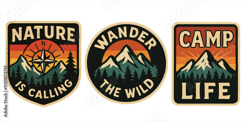 Nature Badge Trio,  Retro Outdoor Patches with Mountains, Compass & Camping Quotes – Perfect for Stickers, Patches, T-Shirts & Wilderness Adventure Designs

