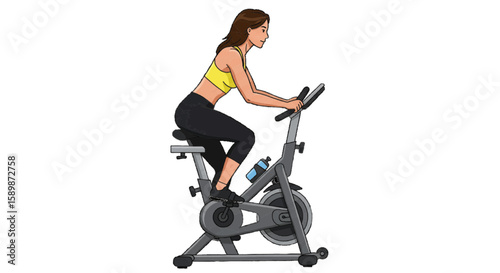 Woman using stationary bike, side view vector