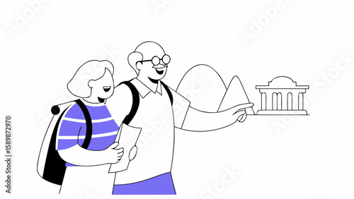 Illustration of senior couple traveling and sightseeing with mountains and building in background