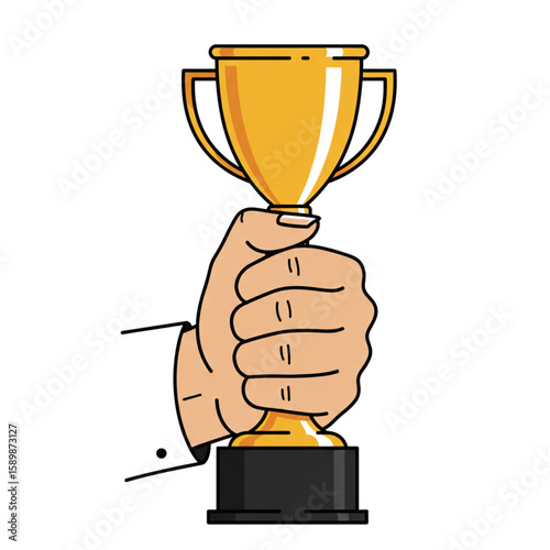 Golden trophy cup held in hand represents victory, achievement, and success in business or sports with a minimalist, elegant style.