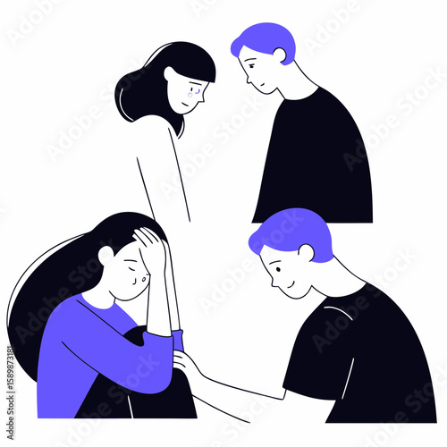 Illustration of support and empathy showing friends helping with sadness and mental health awareness issues around them