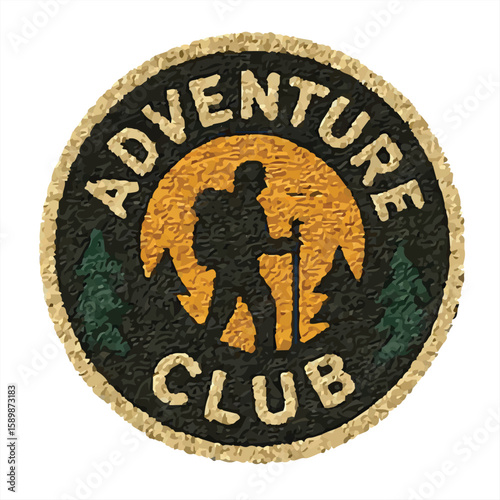 Adventure Club Hiking Patch, Retro Embroidered Badge with Hiker, Trees and Sunset,  Perfect for Stickers, Patches, T-Shirts & Outdoor Club Designs

