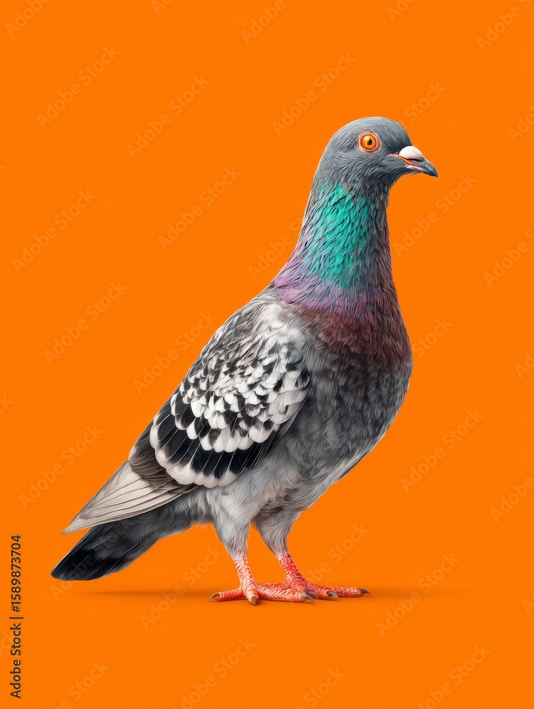 Obraz premium Close-up of a colorful pigeon with iridescent feathers, standing confidently against a vibrant orange backdrop, capturing urban wildlife.