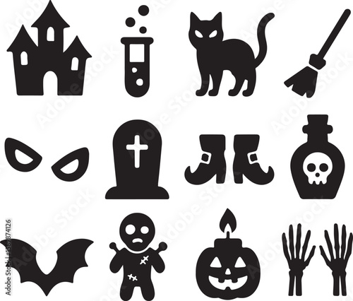 Halloween icons set with spooky cartoon symbols and animals.