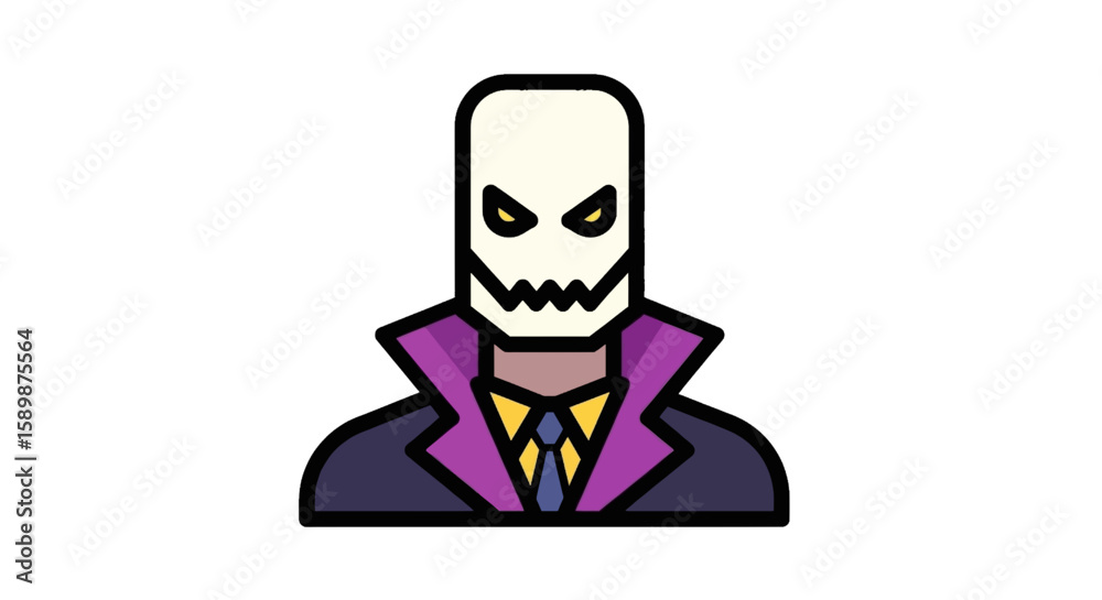 Cartoon illustration of a person wearing a skull mask, suit, and tie, with a purple collar and dark eyes. Cartoon illustration of a person wearing a skull mask, suit, and tie, with a purple collar and dark eyes.