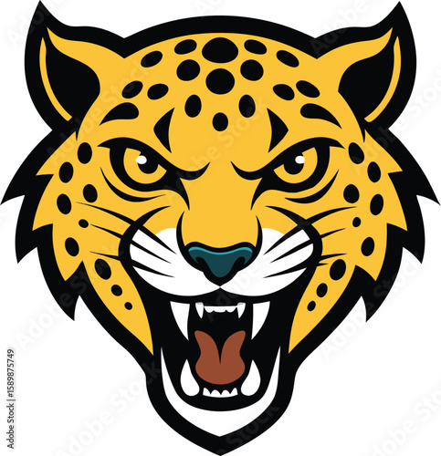 Fierce jaguar head mascot logo with spotted fur and aggressive expression