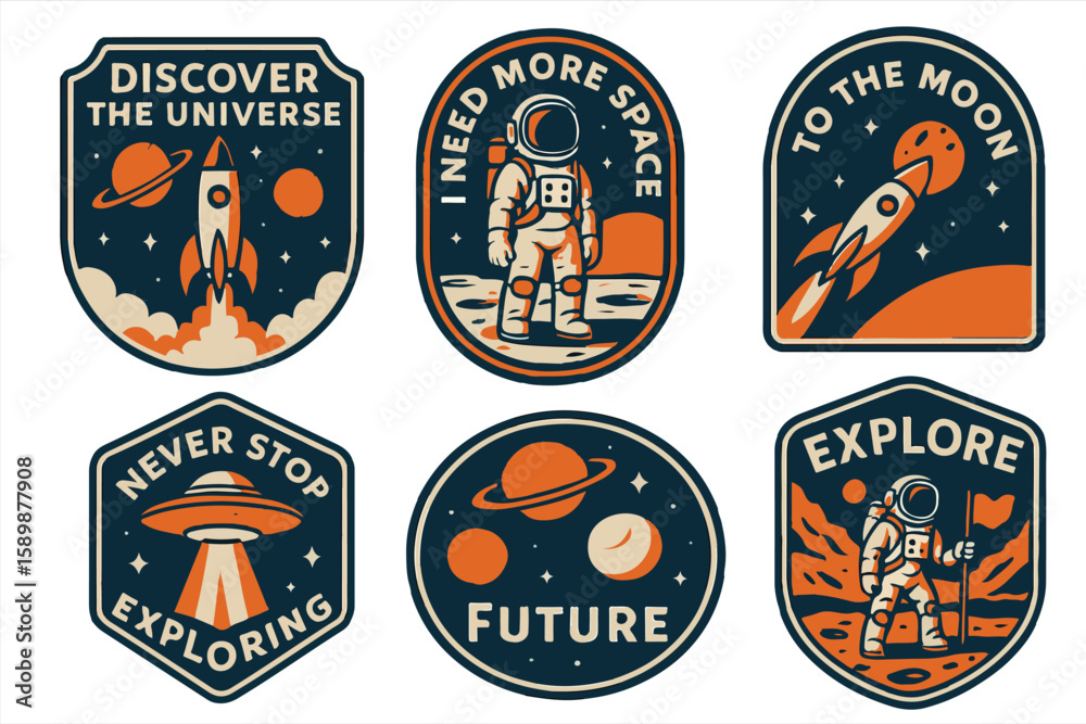 Naklejka premium Vintage Space Exploration Badge Set, Retro Astronaut, Rocket, Planet and UFO Designs with Quotes. Perfect for Stickers, Patches, T-Shirts and other designs