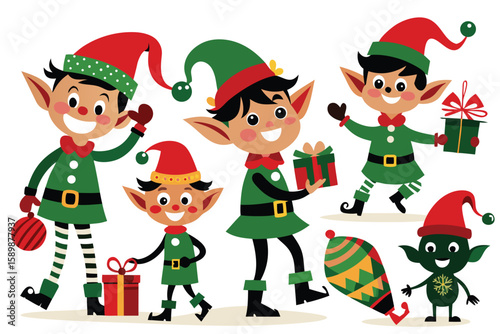 Set of Christmas elf cartoon characters in green hats festive holiday vector illustration