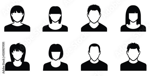 A vector set of diverse female head and bust silhouettes, featuring various hairstyles for user profile icons or business team illustrations