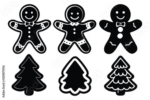 Set of Cartoon Christmas Tree and Holiday Icons Illustration