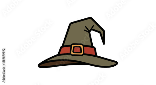 Cartoon illustration of a pointed witch's hat with a buckle on a white background.