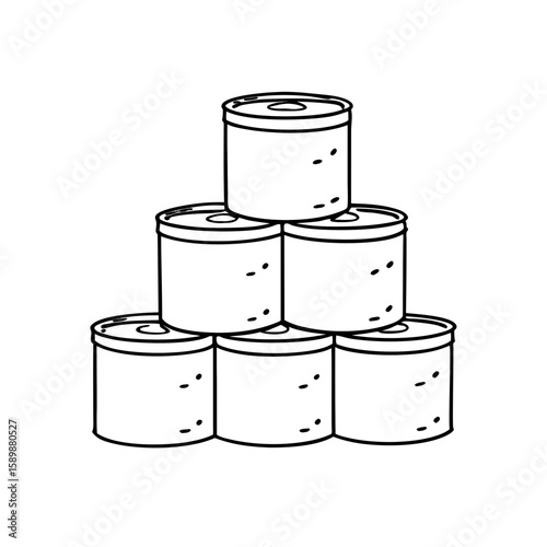Canned food stacked in pyramid shape for emergency storage  