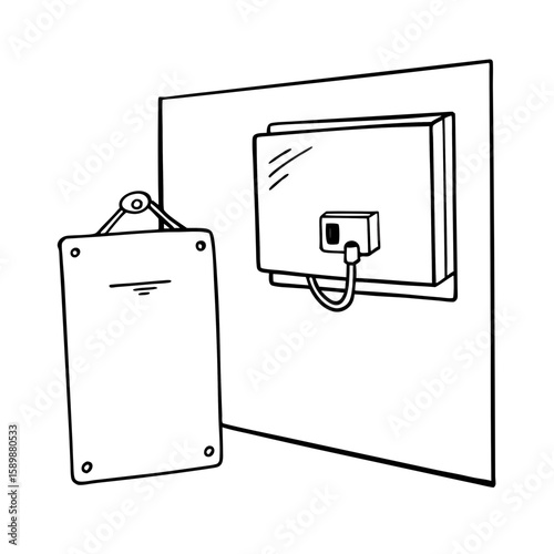 Card access panel mounted on office wall with attached sign  