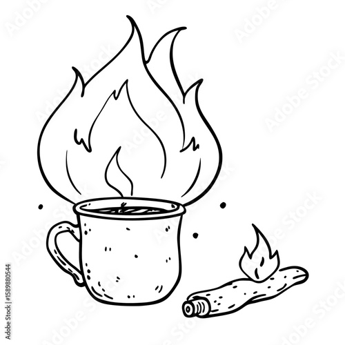 Enamel cup with flame and logs in hand-drawn style  
