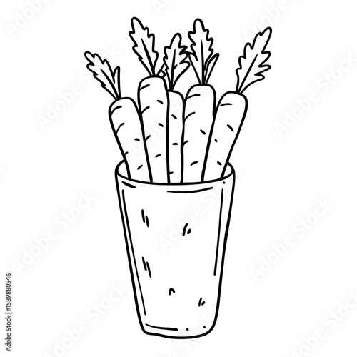 Carrots in a glass container with green tops on white background  