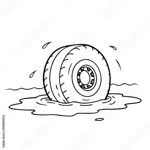 Tire floating in water with splashes in a simple outline style  