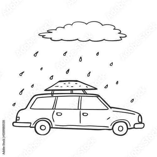 Cartoon car with dented roof under rain cloud and falling raindrops  